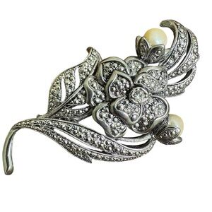 KJL For Avon Antique Impression Pin Silver Floral Brooch Marcasite Pearls 1991